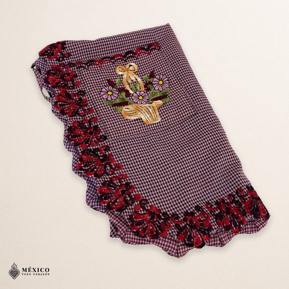 Reddish Mexican Embroidered Smock Apron – Floral Traditional Design for Women - Picture 6 of 8